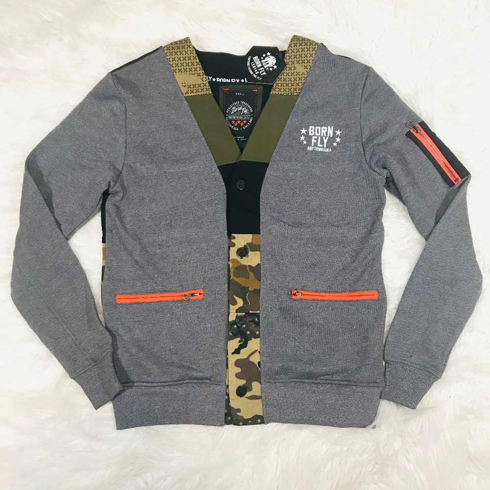 BORN FLY MULTI-CAMO MENS CARDIGAN "NWT"
